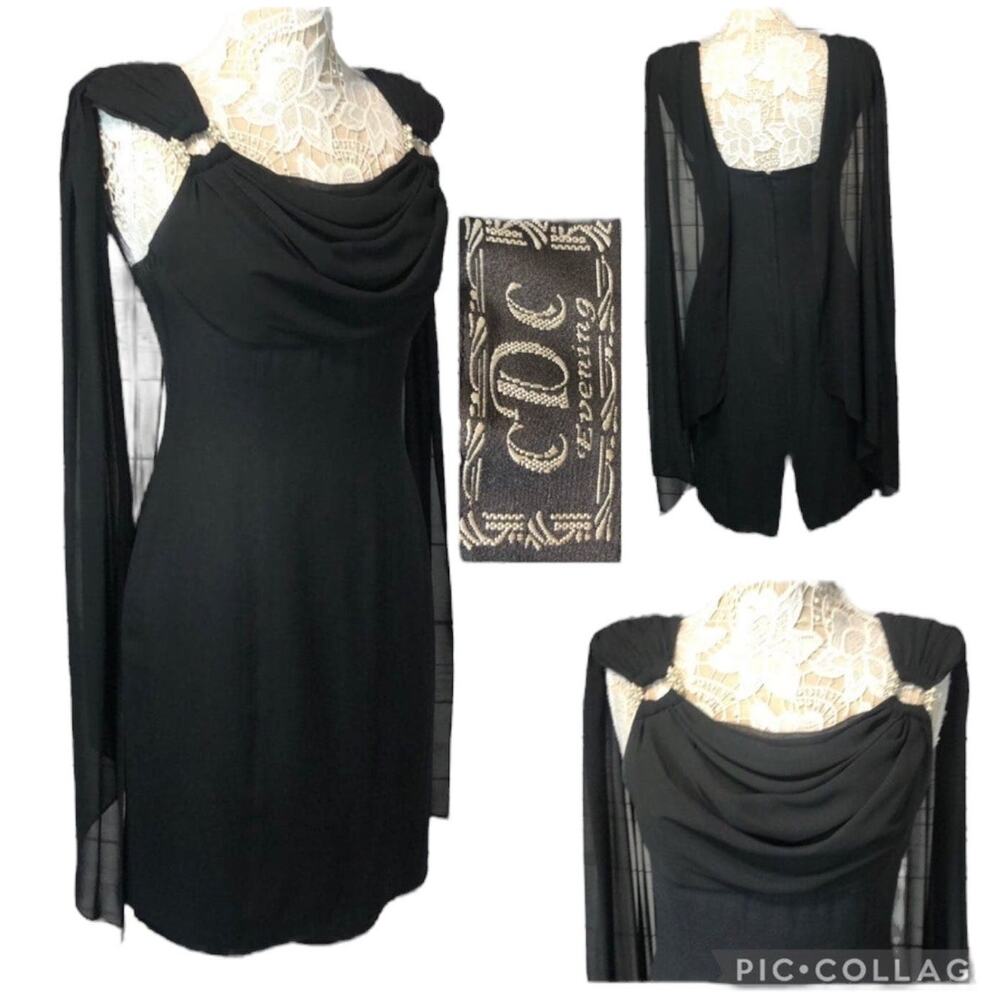 Vintage CDC Evening black formal dress chiffon draped at bust & down back size 8